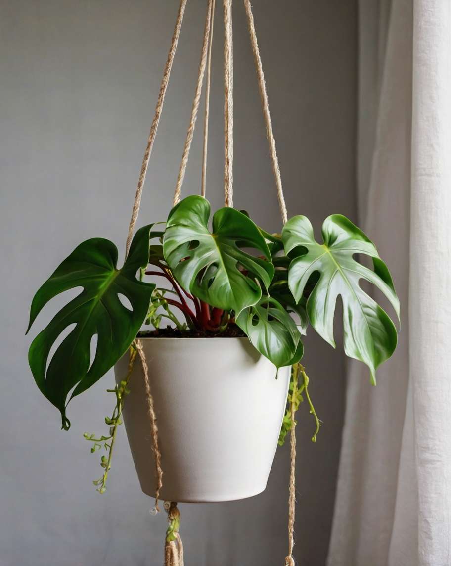 Eine Monstera Deliciosa Fensterblatt in einem hellen Topf. Der Top ist in einer Makramee Hängeampel udn hängt an einem Fensterplatz. Im Hintergrund ist ein Vorhang.