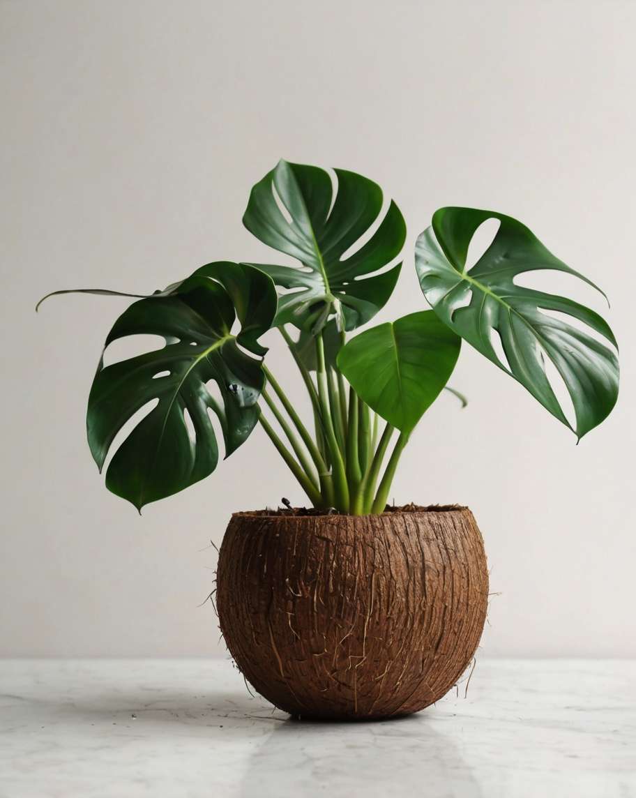 Eine Monstera Deliciosa Fensterblatt in einer Kokusnussschale als Topf, steht auf Marmor Steinplatte mit hellem Hintergrund