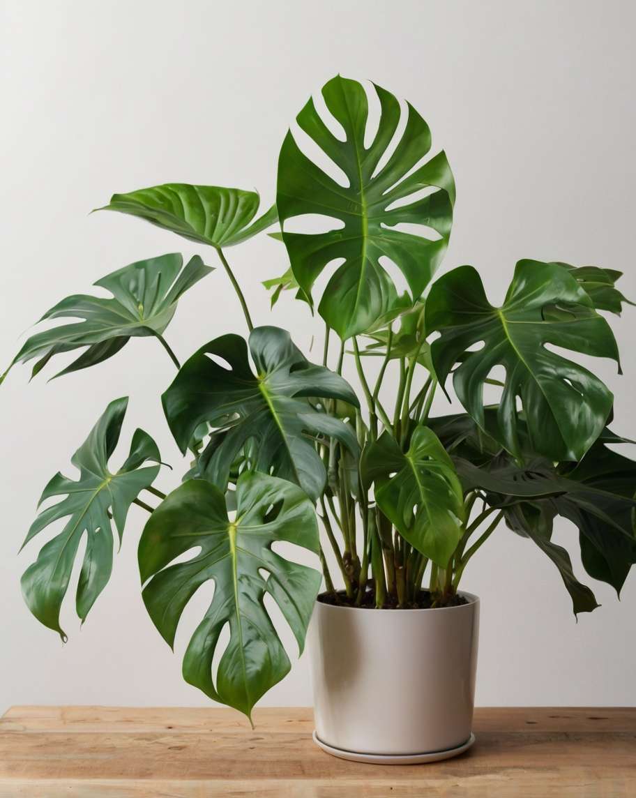 Mittlere Monstera Deliciosa Fensterblatt Pflanze mit großen grünen Blättern, in einem Top, auf einem Tisch.