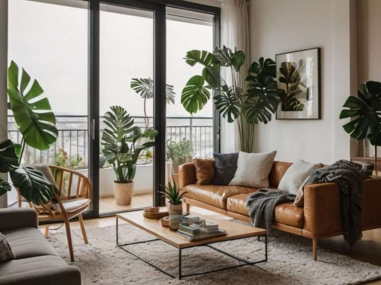 Helles Wohnzimmer mit Stadtblick, Sofa und Tisch braun und in Holz gehalten, im Raum stehen verschieden große Monstera Deliciosa Fensterblatt.