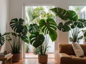 Helles Wohnzimmer mit Terasse, Sofa braun gehalten, im Raum stehen verschieden große Monstera Deliciosa Fensterblatt.