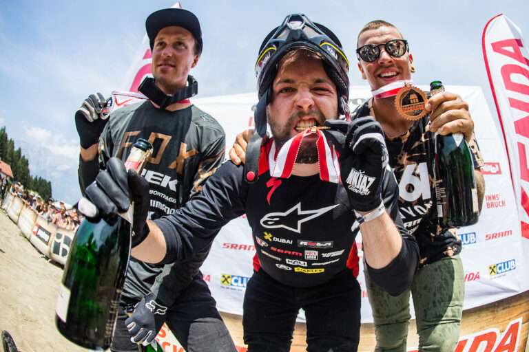 The Polish athlete Dawid Godziek wit brilliant performance at Crankworx Innsbruck 2024 once again secured first place at slope style event. Photo by Nikola Radovic Photography